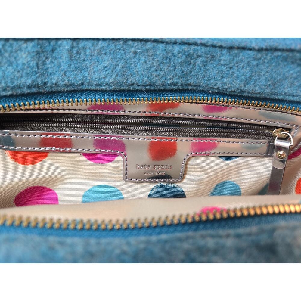 Kate Spade New York Blue Wool Felt Hobo Bag Silver Handles Polka Dot Lining - Picture 9 of 14